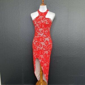 Shareen collections lace Dress Womens size 8 red Asymmetrical fitted Australia